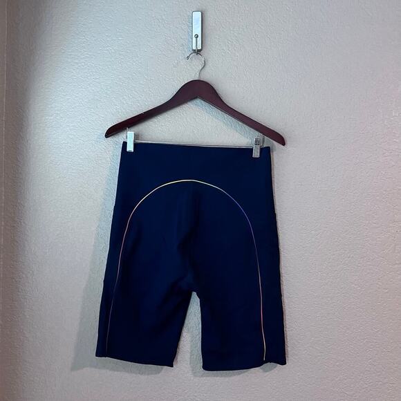 Sweaty Betty Power 9” Biker Shorts Navy Blue Rainbow Trim Pocket XL High Waist - Picture 6 of 8